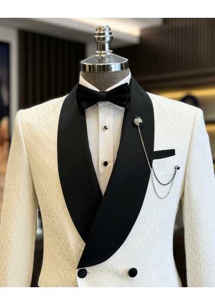 İtalyan Stil Slim Fit Şal Yaka Kruvaze Ceket Pantolon Damatlık Set Beyaz T12028 fiyatları