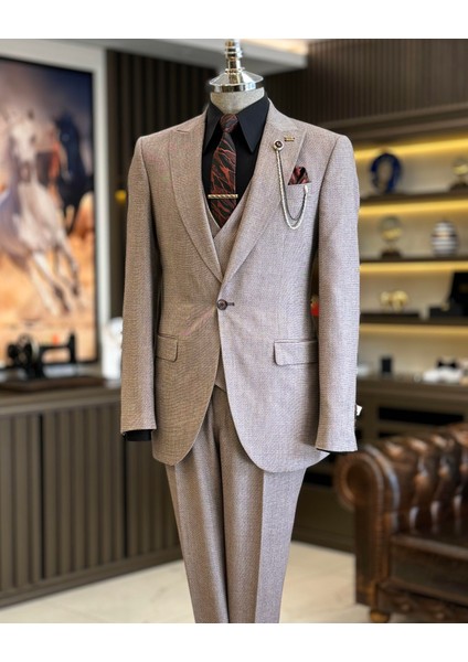 İtalyan Stil Ceket Yelek Pantolon Takım Elbise Bordo T12561