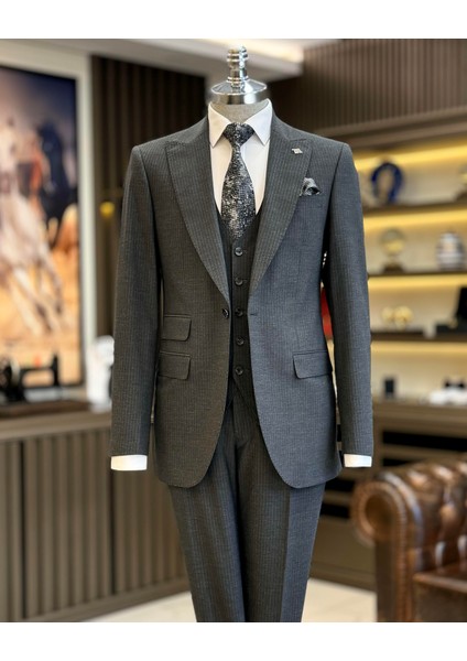 İtalyan Stil Slim Fit Çizgili Ceket Yelek Pantolon Takım Elbise Antrasit T11816 modelleri