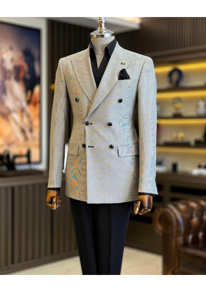Italyan Stil Slim Fit Kazayağı Desen Kruvaze Erkek Ceket Siyah T12624