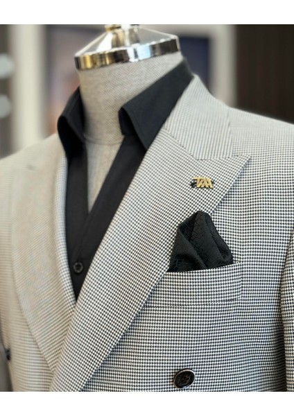 Italyan Stil Slim Fit Kazayağı Desen Kruvaze Erkek Ceket Siyah T12624
