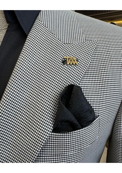 Italyan Stil Slim Fit Kazayağı Desen Kruvaze Erkek Ceket Siyah T12624