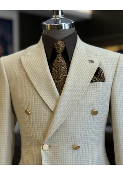 Italyan Stil Slim Fit Kazayağı Desen Kruvaze Erkek Ceket Bej T12551 fiyatları