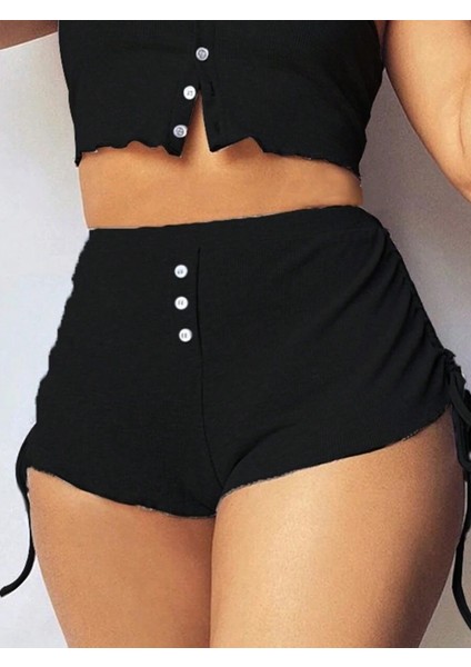 Kadın Ip Askılı Crop Bluz ve Yanlardan Büzgülü Ikili Kaşkorse Short Takım