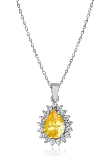 925 Ayar Gümüş Sitrin Damla Taşlı Anturaj Kolye