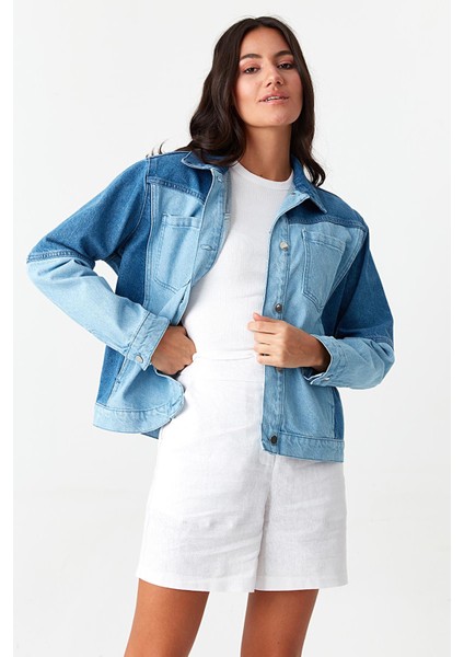 Renk Bloklu Cep Detaylı Denim Ceket