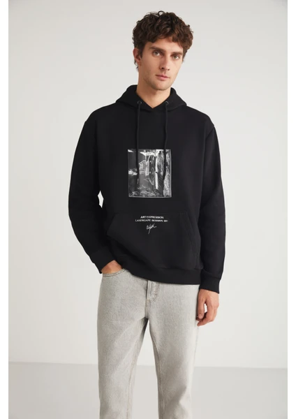 Toronto Erkek Kapüşonlu  Pamuk Baskı Detaylı Siyah Sweatshirt