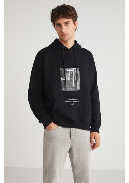 Toronto Erkek Kapüşonlu  Pamuk Baskı Detaylı Siyah Sweatshirt