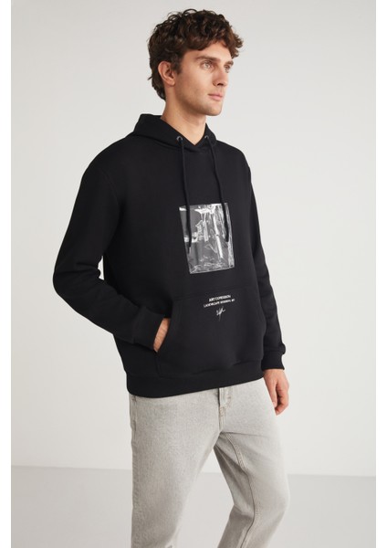 Toronto Erkek Kapüşonlu  Pamuk Baskı Detaylı Siyah Sweatshirt