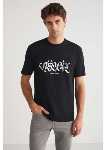 Ansu Erkek Bisiklet Yaka Pamuk Parlak Baskı Detaylı Siyah T-Shirt