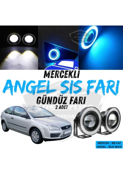 Ford Focus 2 2004-2008 Uyumlu Üniversal Mercekli Angel Sis Farı Metal Su Geçirmez 76 mm Buz Mavi Halkalı Gündüz Farı Angel Eyes 2 Adet