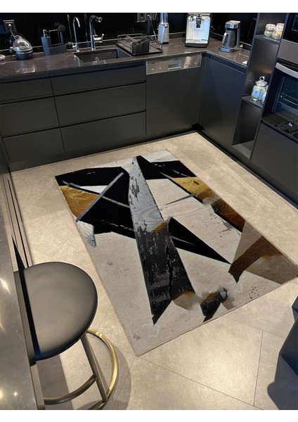 Shape Koleksiyonu Siyah Tonlarda Geometrik Bej Sarı Detaylı Dokuma Taban Modern Dekoratif Halı 48