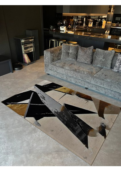 Shape Koleksiyonu Siyah Tonlarda Geometrik Bej Sarı Detaylı Dokuma Taban Modern Dekoratif Halı 48