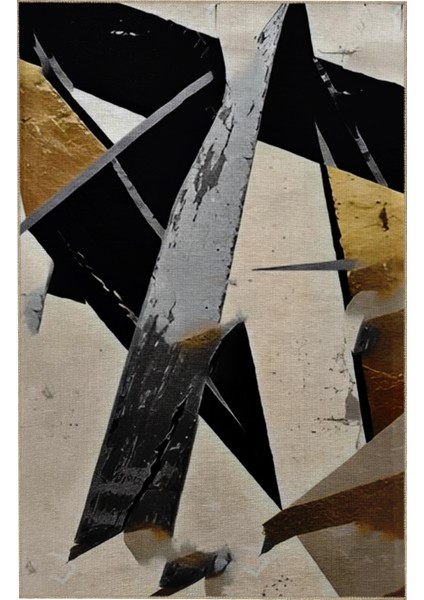 Shape Koleksiyonu Siyah Tonlarda Geometrik Bej Sarı Detaylı Dokuma Taban Modern Dekoratif Halı 48