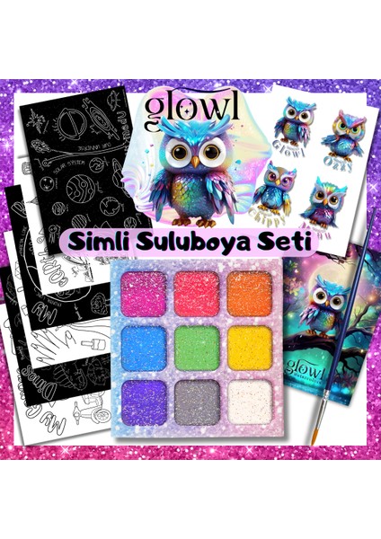 Glowl Simli, Organik, El Yapımı, Suluboya 9'lu Set, Boyama Kağıtları, Sticker Seti, Fırça Hediyeli