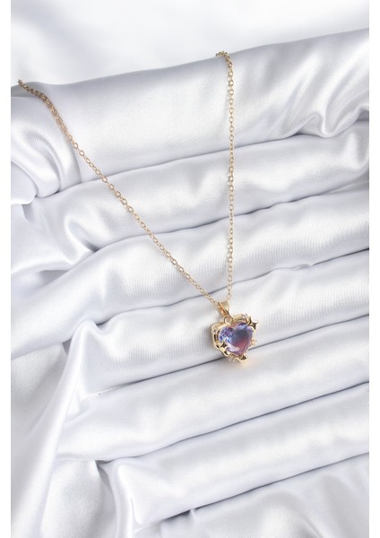 316L Çelik Zincir Gold Renk Mor Renk Zirkon Taşlı Kalp Model Kadın Kolye fiyatları