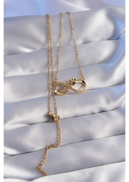316L Çelik Zincir Gold Renk Zirkon Taşlı Pati ve Kalp Detaylı Sonsuzluk Kolye fiyatları