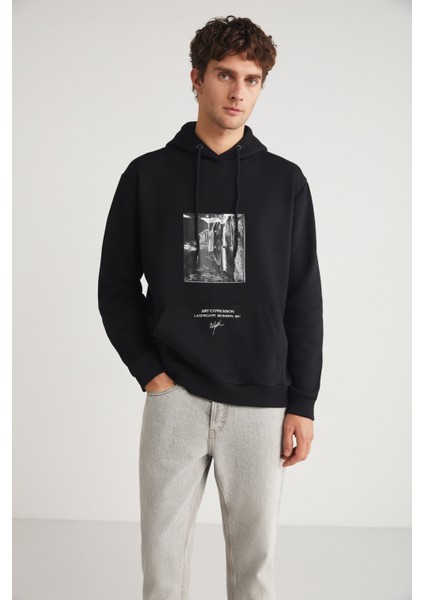 Toronto Erkek Kapüşonlu Pamuk Baskı Detaylı Siyah Sweatshirt