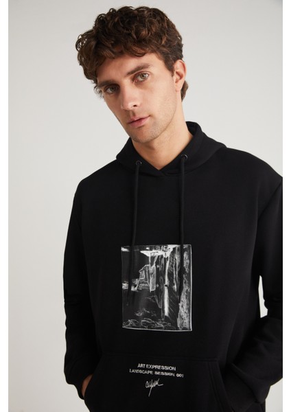 Toronto Erkek Kapüşonlu Pamuk Baskı Detaylı Siyah Sweatshirt