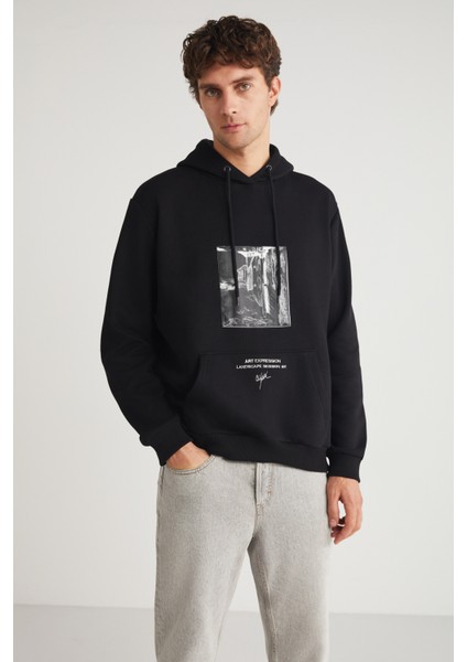 Toronto Erkek Kapüşonlu Pamuk Baskı Detaylı Siyah Sweatshirt