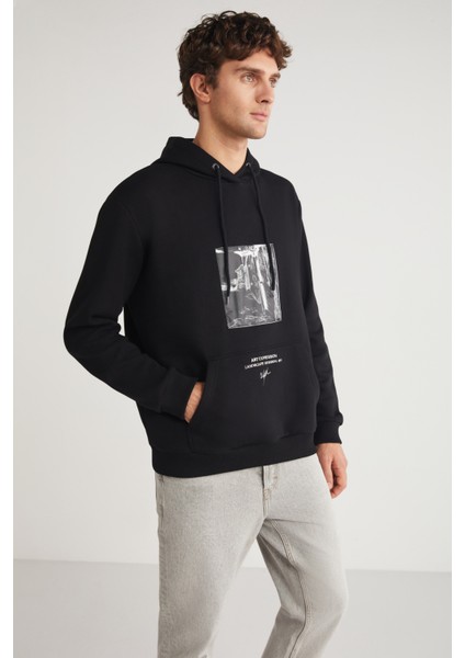 Toronto Erkek Kapüşonlu Pamuk Baskı Detaylı Siyah Sweatshirt