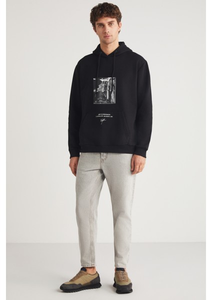 Toronto Erkek Kapüşonlu Pamuk Baskı Detaylı Siyah Sweatshirt