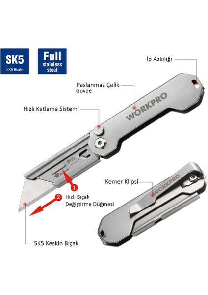 WP211016 Paslanmaz Çelik Gövde Katlanır Rötuş Maket Bıçağı