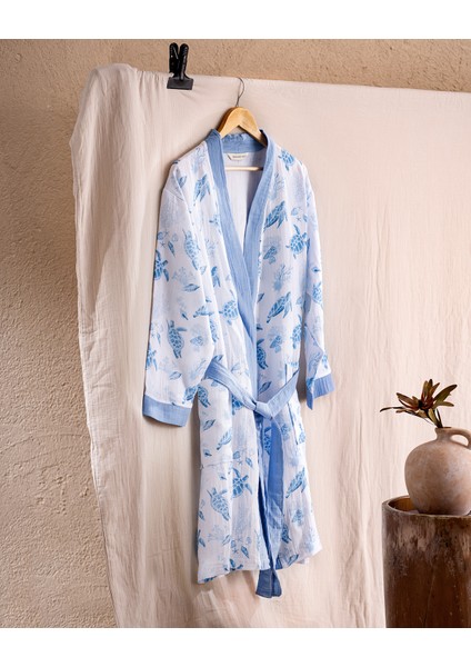 Victorine Pamuk Kadın Müslin Bornoz - Beyaz/Mavi - Natural Koleksiyon
