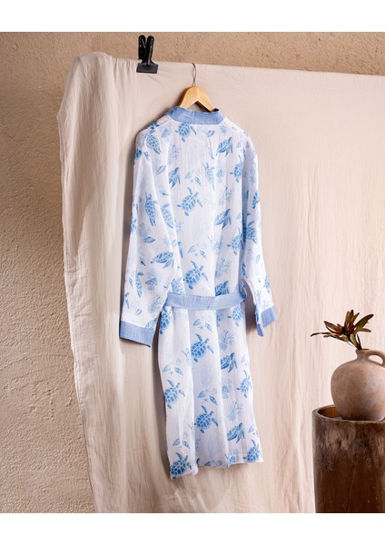 Victorine Pamuk Kadın Müslin Bornoz - Beyaz/Mavi - Natural Koleksiyon fiyatları