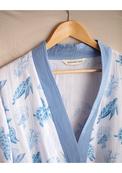 Victorine Pamuk Kadın Müslin Bornoz - Beyaz/Mavi - Natural Koleksiyon modelleri