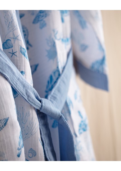 Victorine Pamuk Kadın Müslin Bornoz - Beyaz/Mavi - Natural Koleksiyon fırsatları