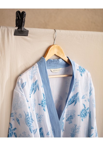 Victorine Pamuk Kadın Müslin Bornoz - Beyaz/Mavi - Natural Koleksiyon indirimleri
