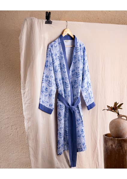 Emeline Pamuk Kadın Müslin Bornoz - Beyaz/Lacivert