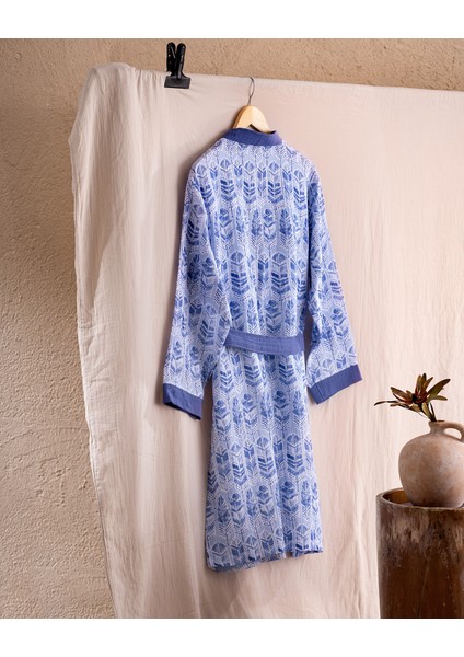 Emeline Pamuk Kadın Müslin Bornoz - Beyaz/Lacivert fiyatları
