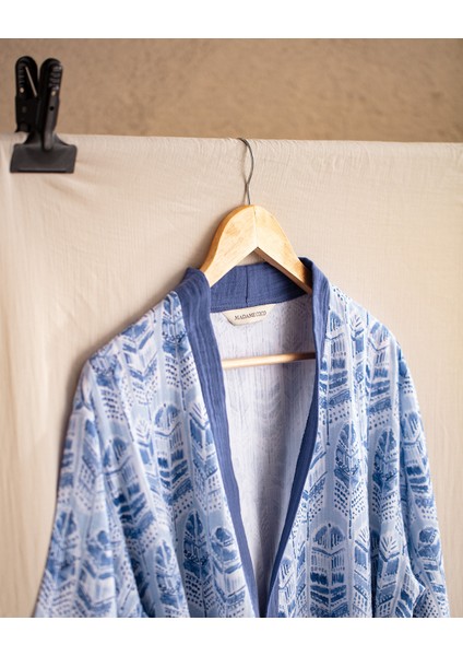 Emeline Pamuk Kadın Müslin Bornoz - Beyaz/Lacivert modelleri