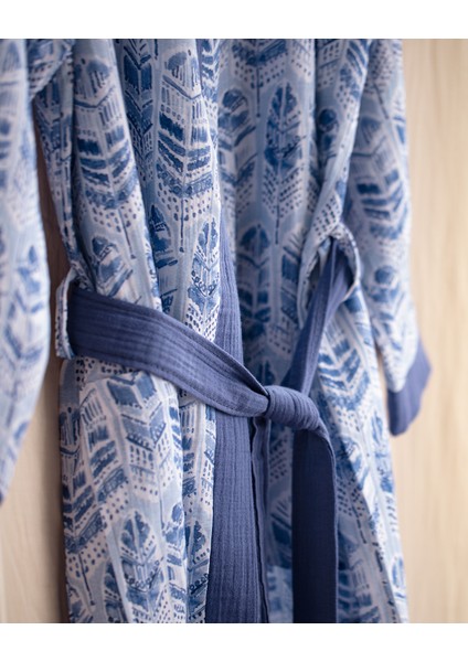 Emeline Pamuk Kadın Müslin Bornoz - Beyaz/Lacivert indirimleri