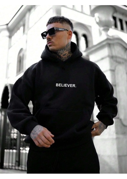 Erkek Siyah Believer. Baskılı Oversize Kapüşonlu Sweatshirt