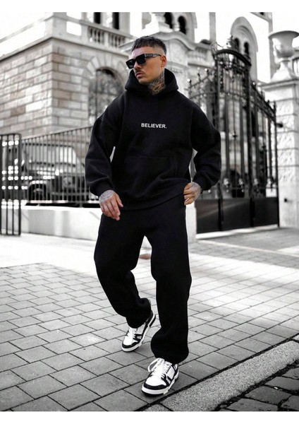 Erkek Siyah Believer. Baskılı Oversize Kapüşonlu Sweatshirt indirimleri