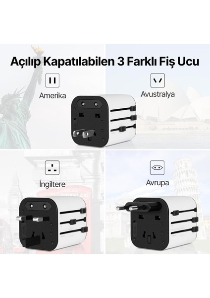 Şarj Akım Korumalı 10A/250V Amerikan Ingiltere Avrupa Tipi Priz Dönüştürücü Seyahat Adaptörü