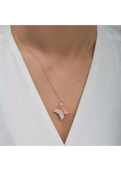 Gümüş Rose Kelebek Kadın Kolye modelleri