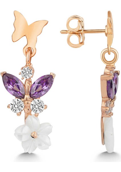 Gümüş Rose Mor Taşlı Sedef Çiçek Çivili Kadın Küpe