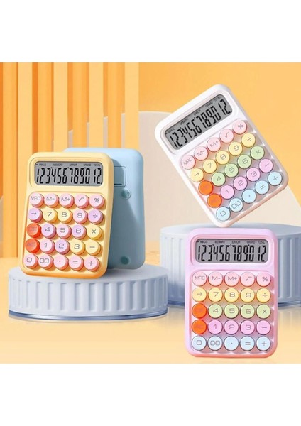 12 Haneli Geniş LCD Ekran Büyük Yuvarlak Düğme Sevimli Şeker Renkli Hesap Makinesi Pembe