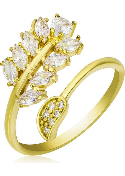 Gümüş Gold Ayarlanabilir Beyaz Taşlı Yaprak Kadın Yüzük