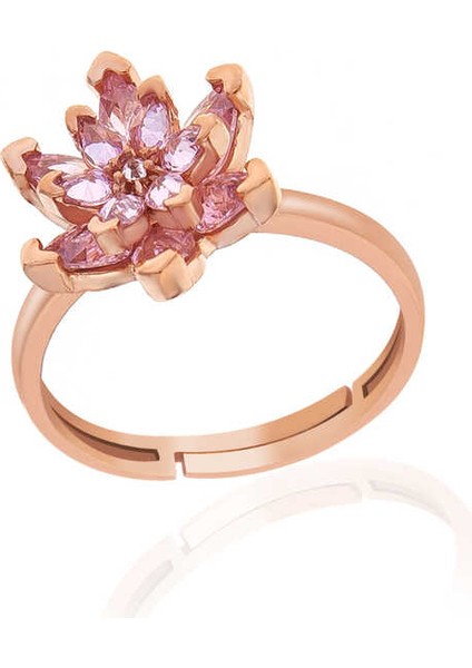 Gümüş Rose Pembe Taşlı Lotus Çiçeği Kadın Yüzük