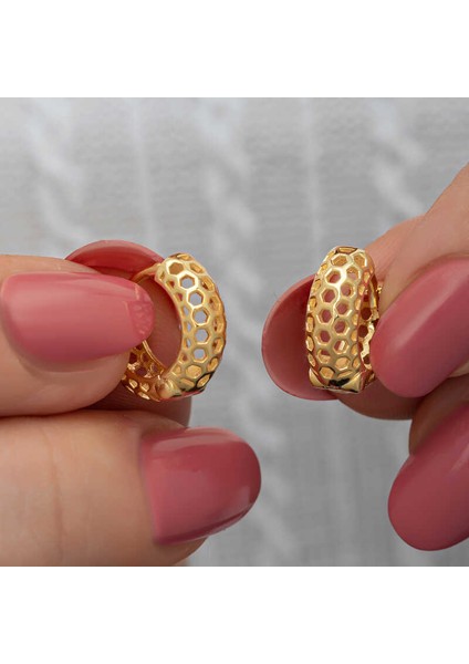 Gümüş Gold Petek Desenli Halka Kadın Küpe