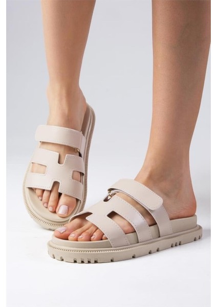 Düz Tabanlı Cırtlı Yazlık Günlük Terlik Bej