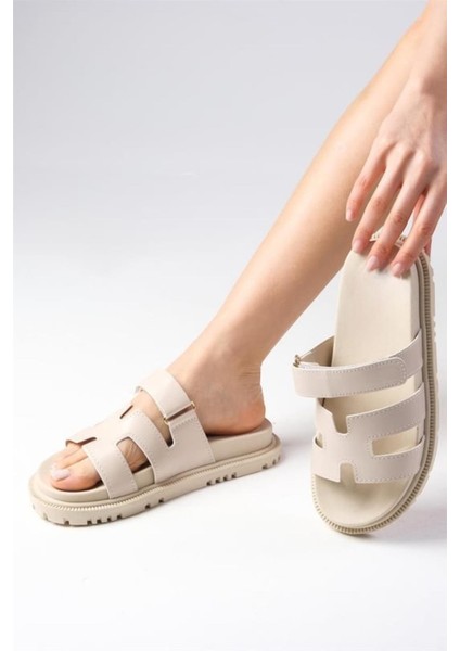 Düz Tabanlı Cırtlı Yazlık Günlük Terlik Bej