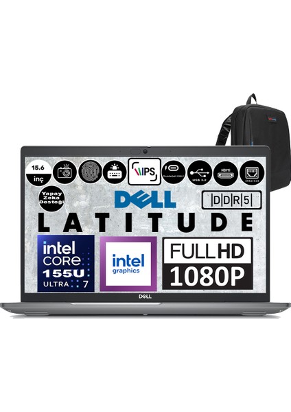 Latitude 5550 Intel Core Ultra 7 155U 96GB Ddr5 1tb SSD Windows 11 Home 15.6" 250NİT Fullhd Taşınabilir Bilgisayar N021L555015EMEAH18 + Zetta Çanta