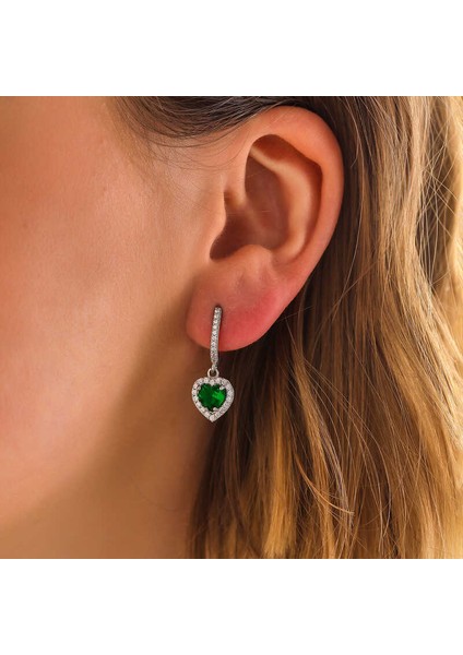 Gümüş Yeşil Taşlı Kalpli Kadın Küpe fiyatları