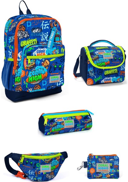 Kids Saks Mavi Grafiti Desenli 5'li Okul Çanta Seti 5SET23767